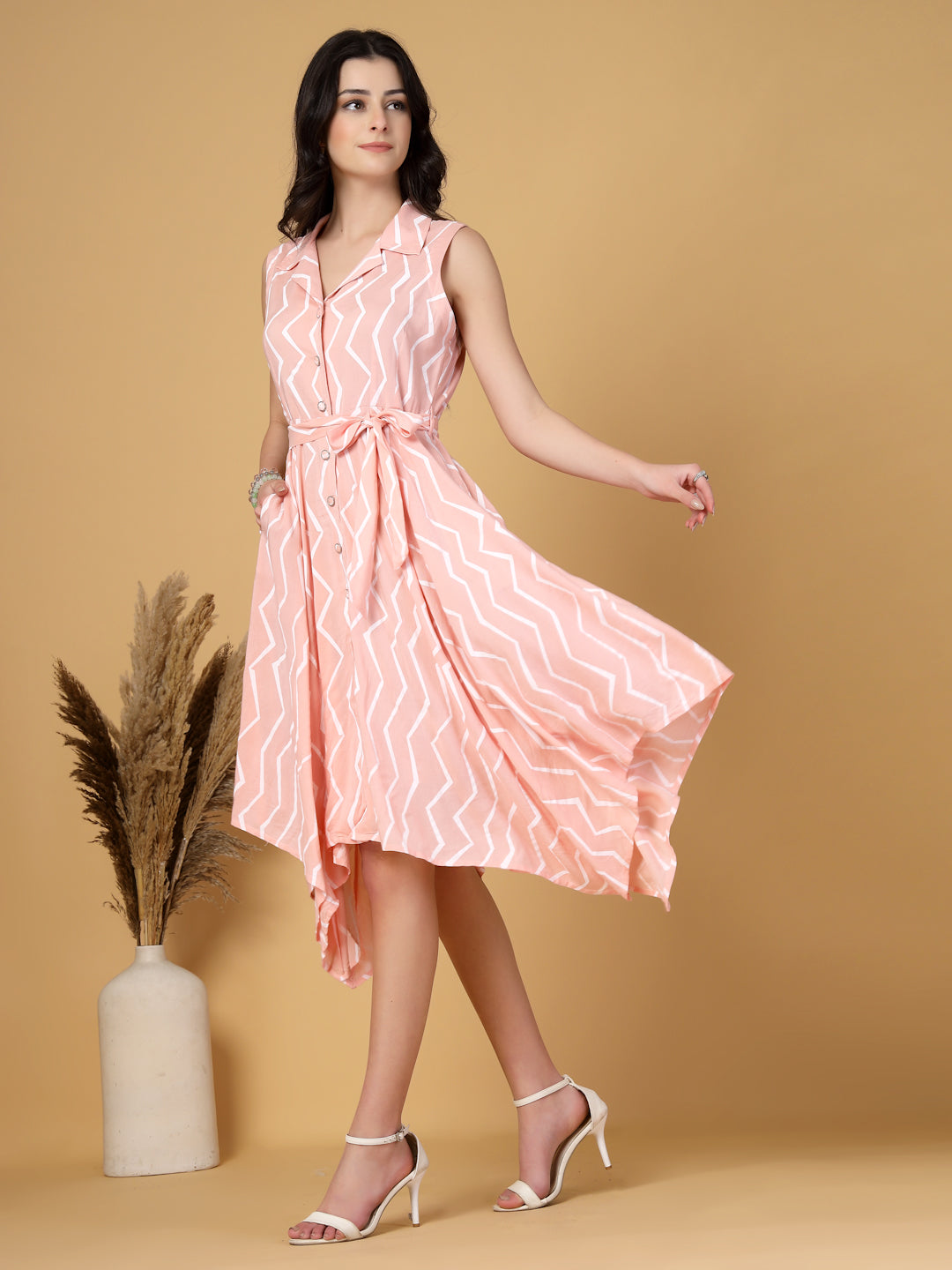 Gipsy Pink Chevron Cotton Dress With Belt