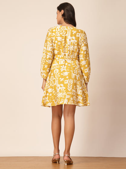 Gipsy Yellow Floral Viscose Fit & Flare Dress