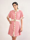 Pink Cotton Schiffli Wooden Buckle Belt Shirt Dress
