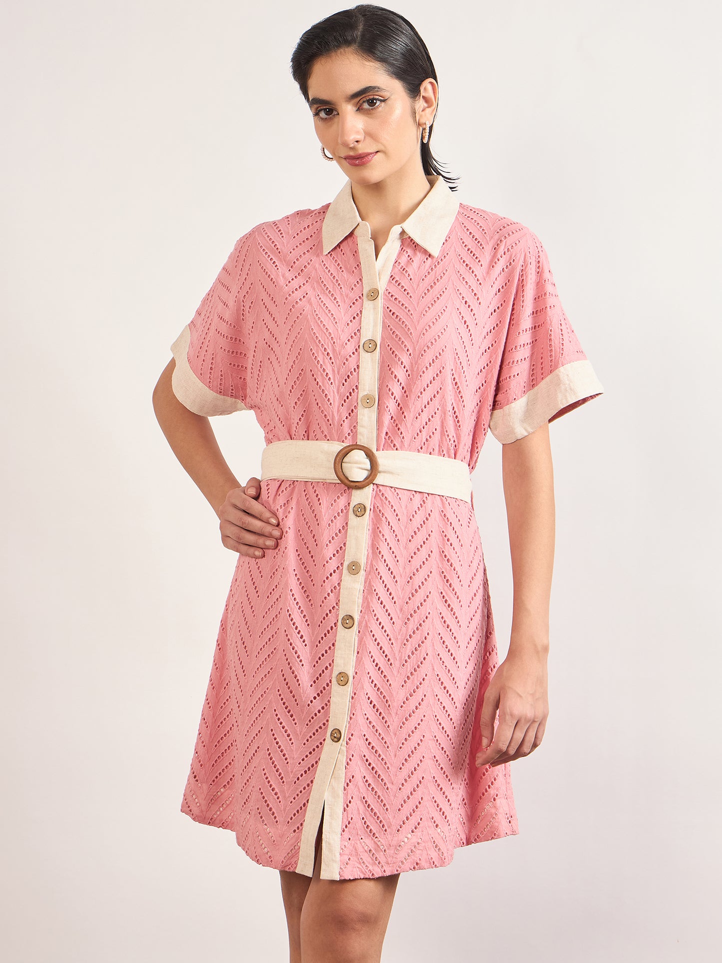 Pink Cotton Schiffli Wooden Buckle Belt Shirt Dress