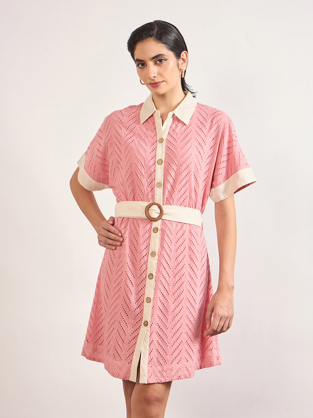 Pink Cotton Schiffli Wooden Buckle Belt Shirt Dress