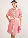 Pink Cotton Schiffli Wooden Buckle Belt Shirt Dress