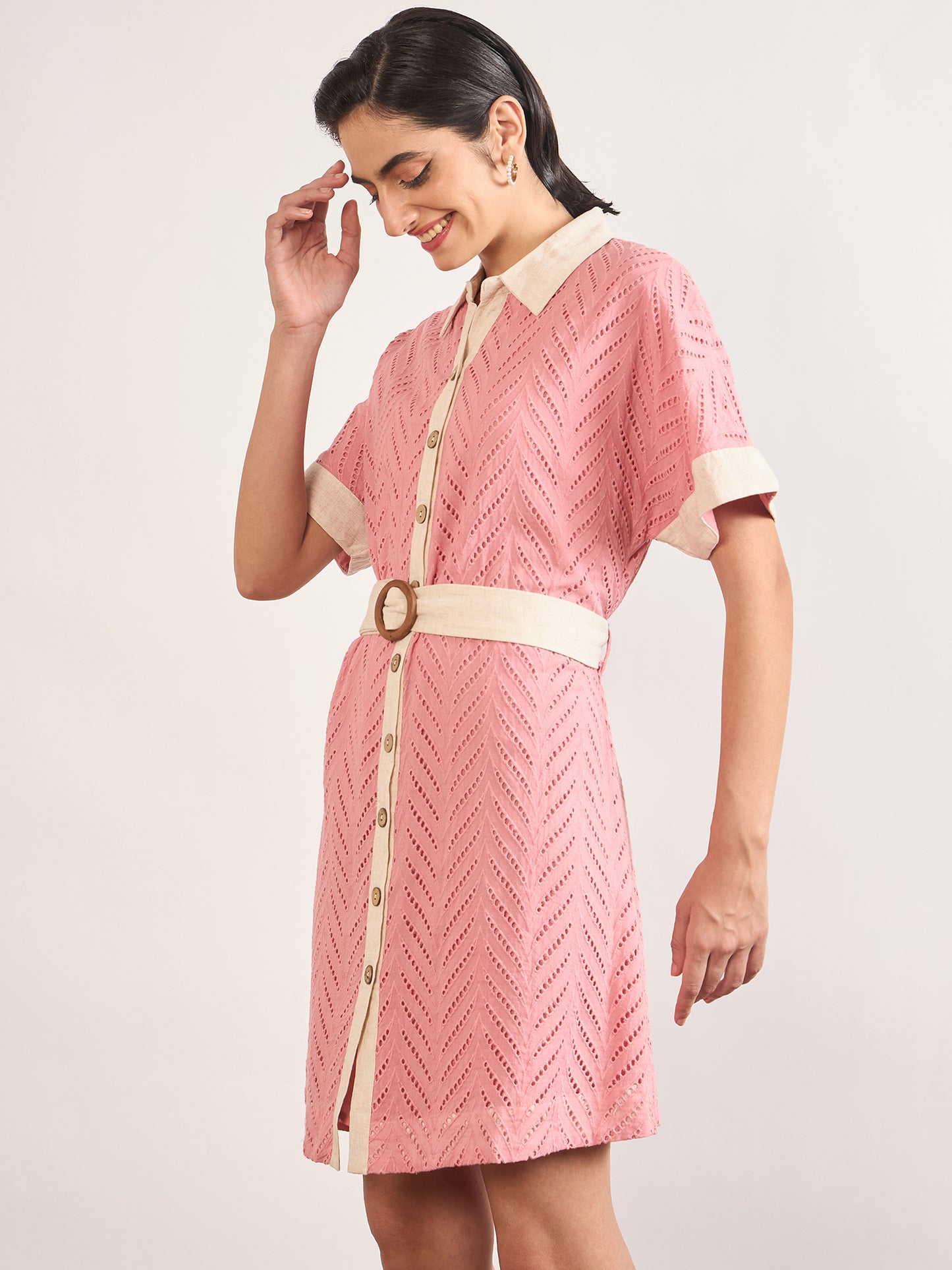 Pink Cotton Schiffli Wooden Buckle Belt Shirt Dress