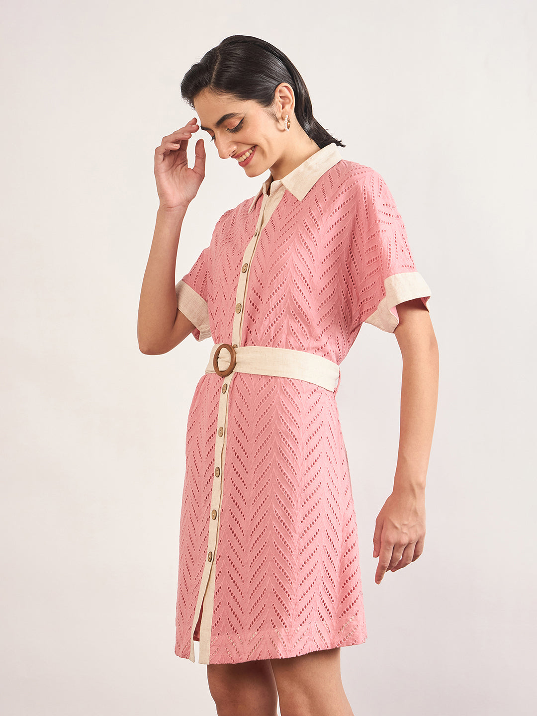 Pink Cotton Schiffli Wooden Buckle Belt Shirt Dress