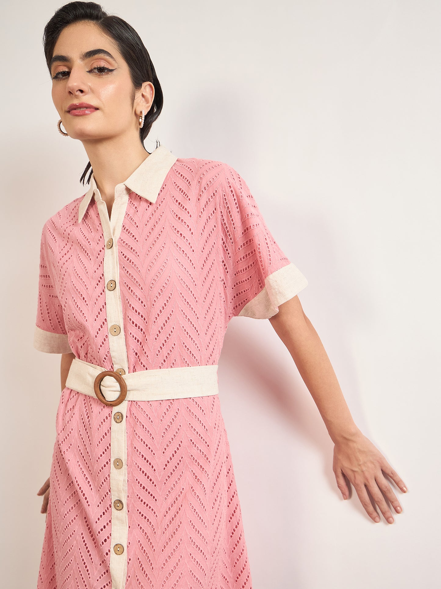 Pink Cotton Schiffli Wooden Buckle Belt Shirt Dress