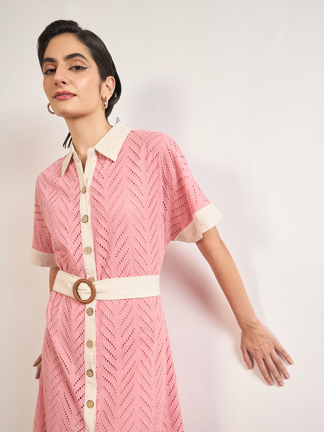 Pink Cotton Schiffli Wooden Buckle Belt Shirt Dress