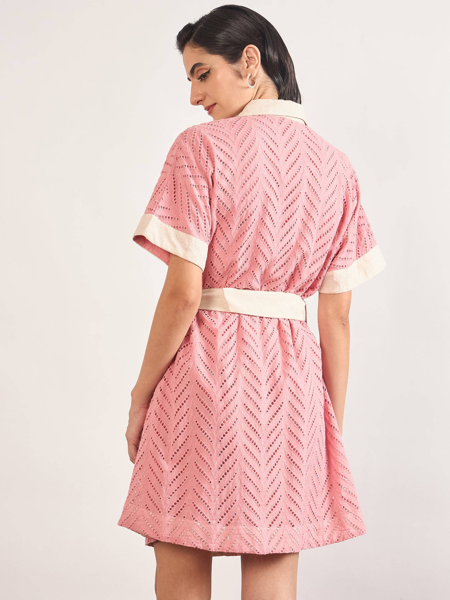 Pink Cotton Schiffli Wooden Buckle Belt Shirt Dress