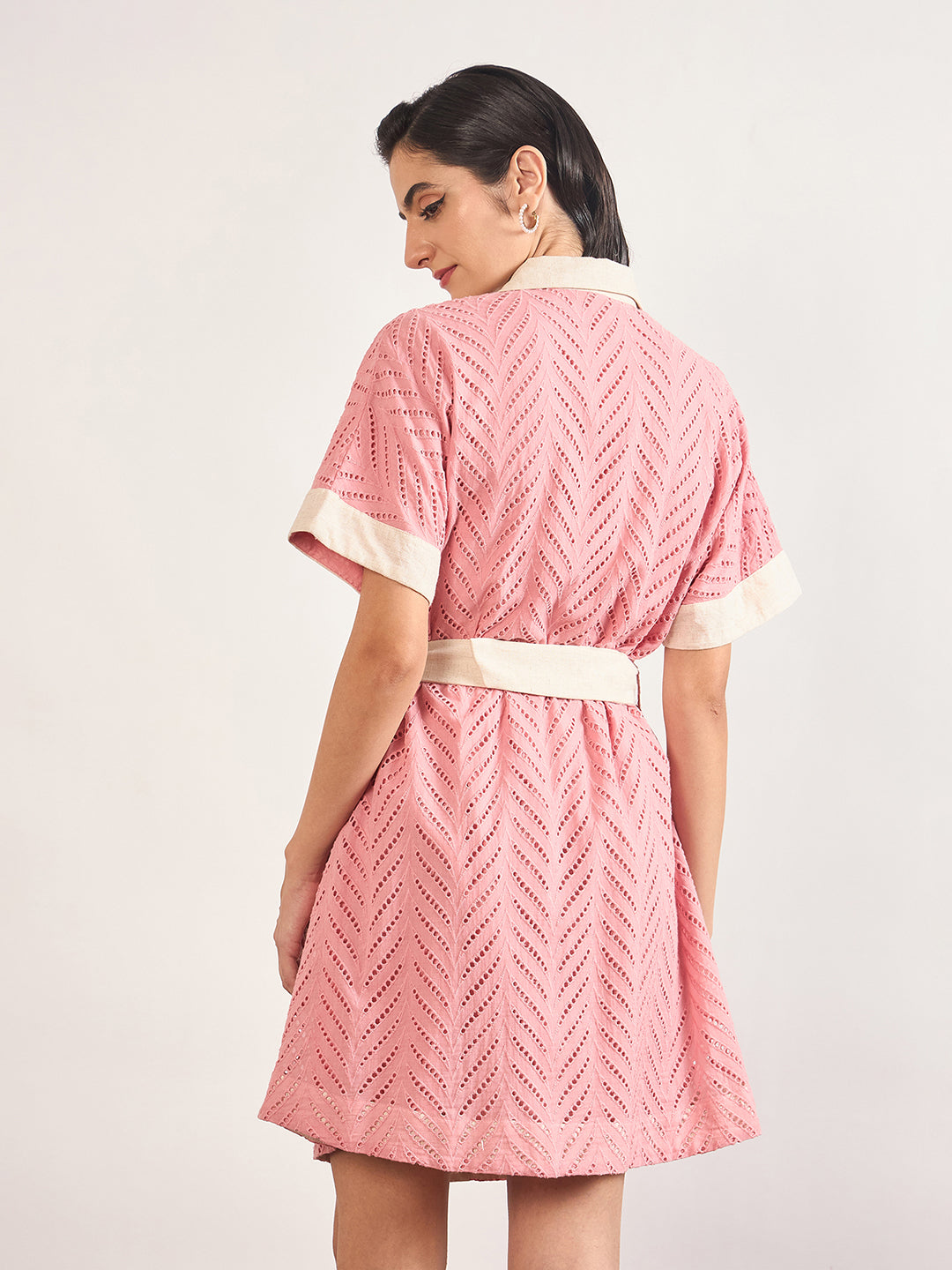 Pink Cotton Schiffli Wooden Buckle Belt Shirt Dress