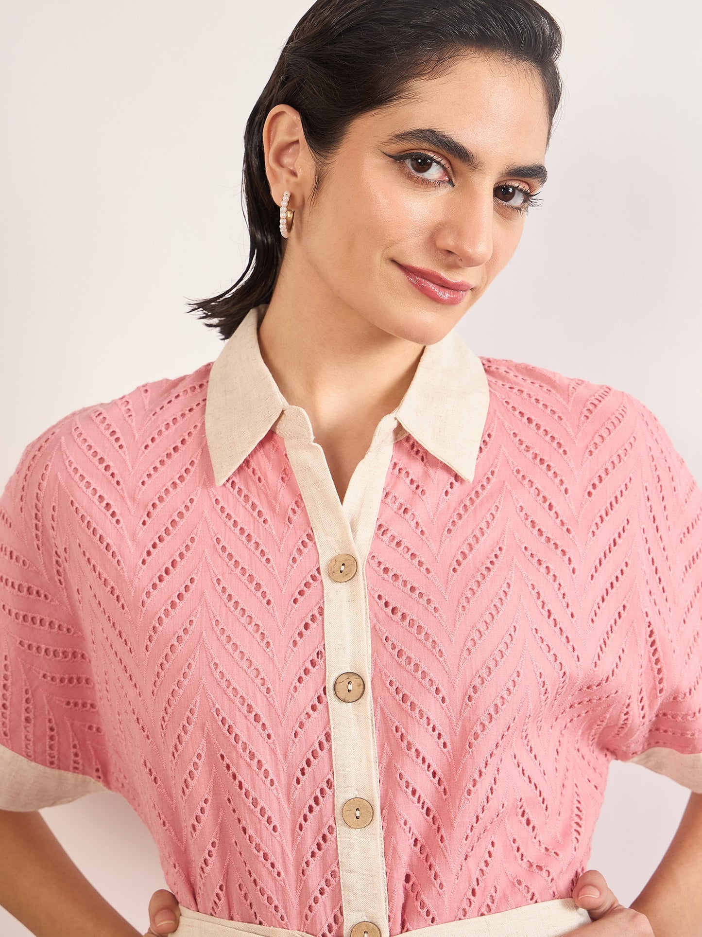 Pink Cotton Schiffli Wooden Buckle Belt Shirt Dress