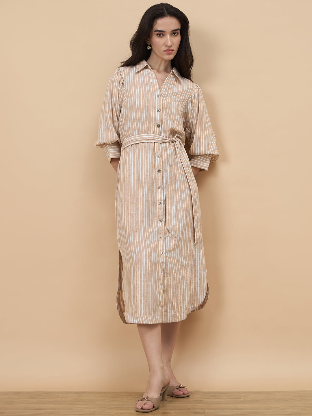 Beige Stripe Poly Viscose Dress