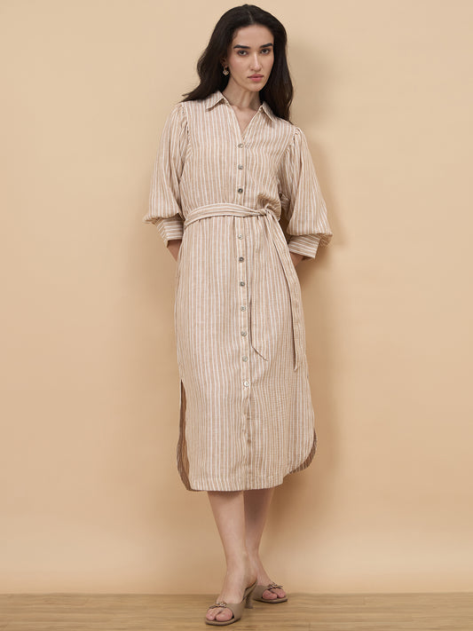 Beige Stripe Poly Viscose Dress