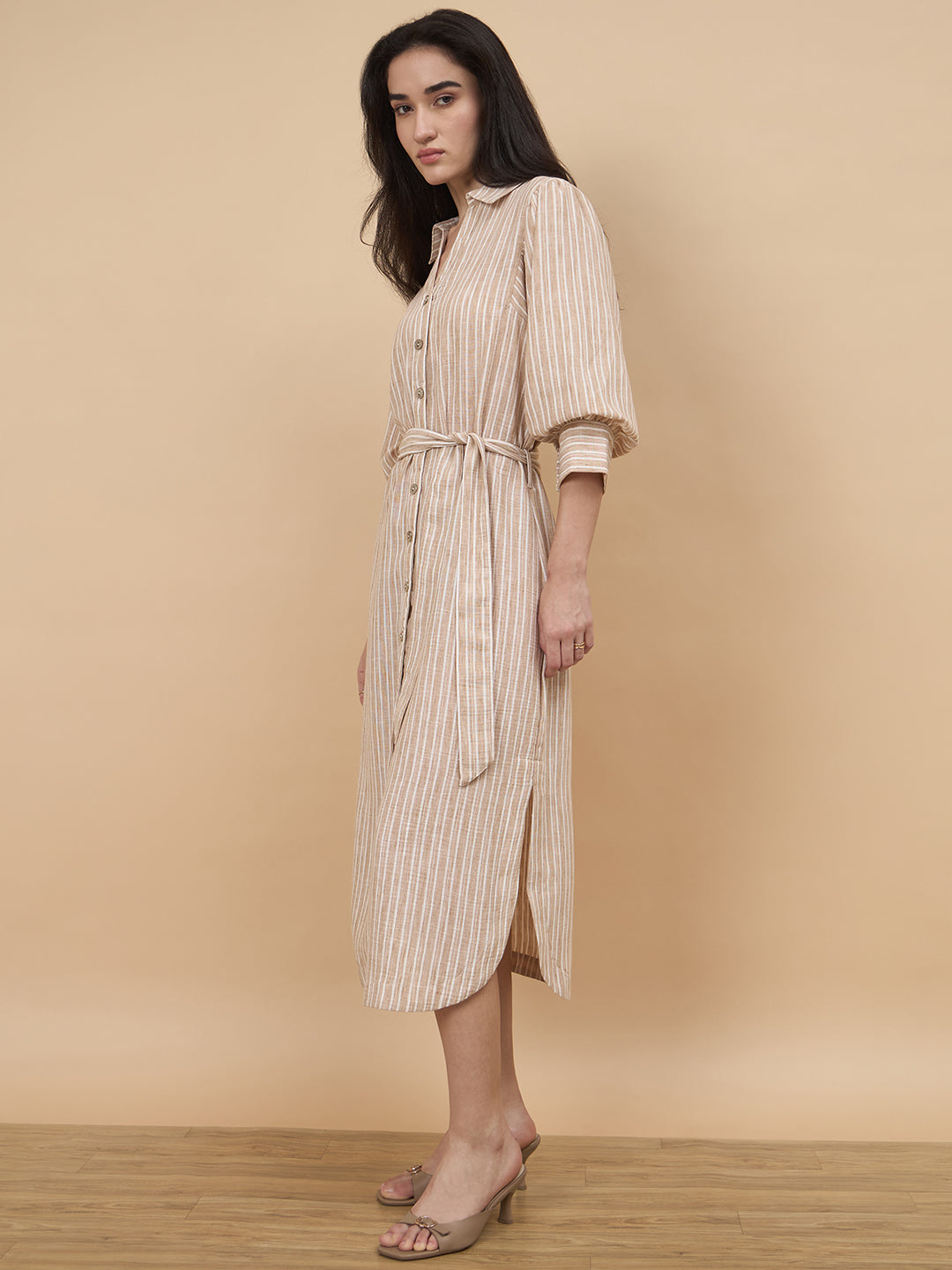 Beige Stripe Poly Viscose Dress