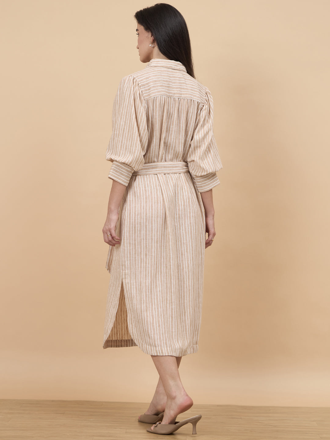 Beige Stripe Poly Viscose Dress