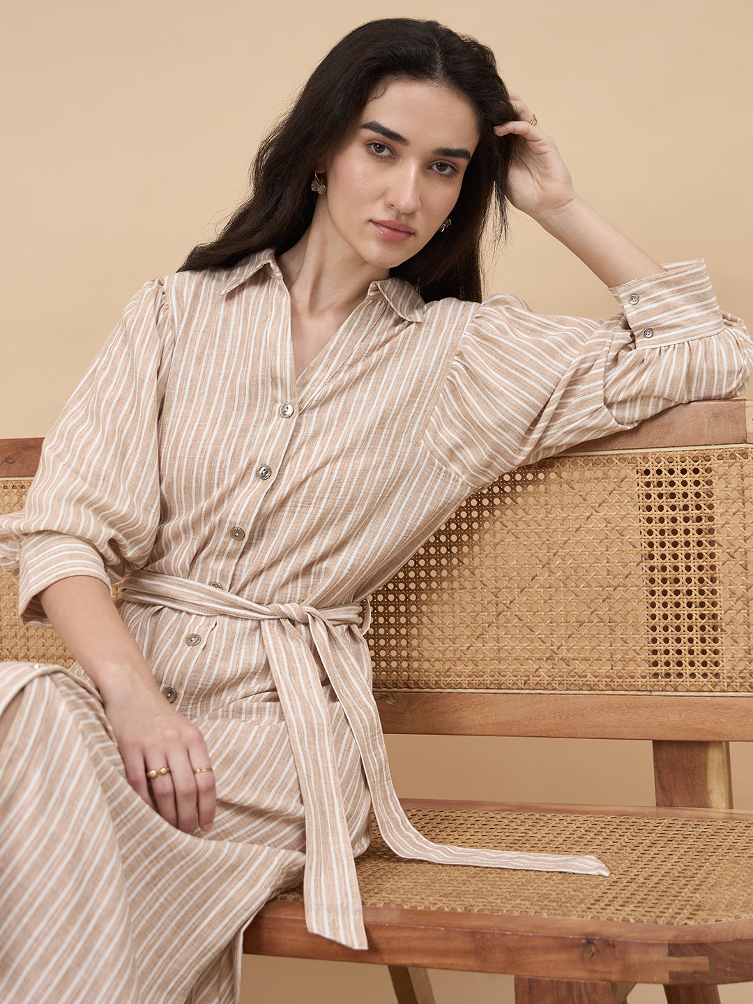 Beige Stripe Poly Viscose Dress