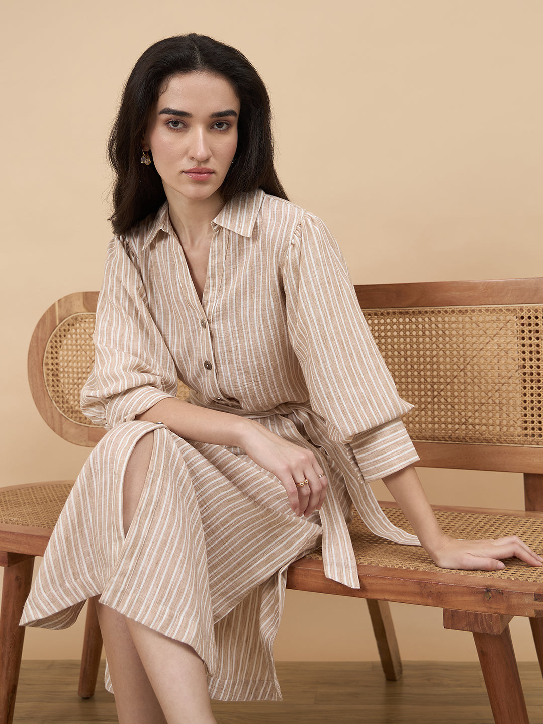 Beige Stripe Poly Viscose Dress