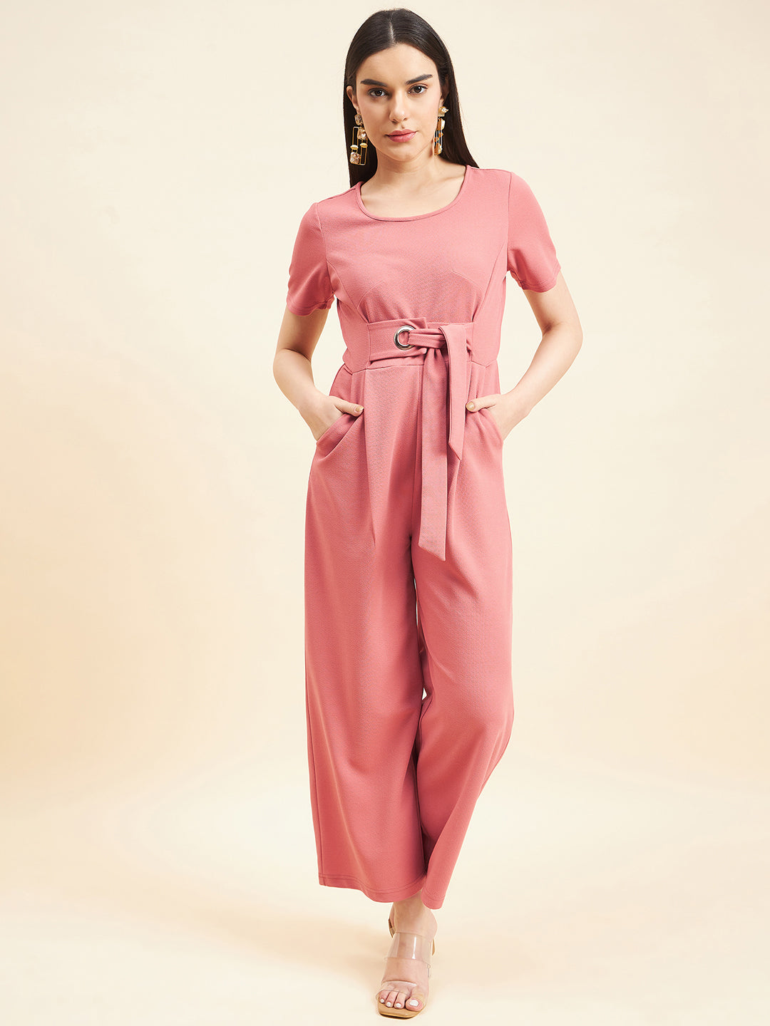 Gipsy Women Solid Front Buckel Polyester Dusky Pink Jumpsuit