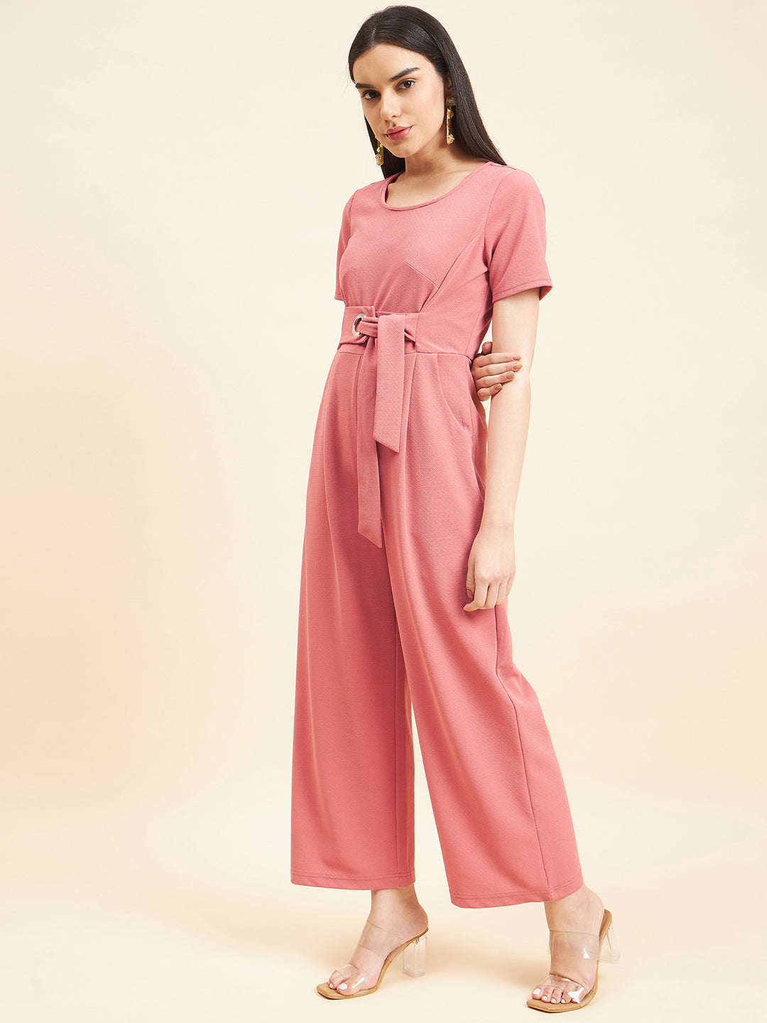 Gipsy Women Solid Front Buckel Polyester Dusky Pink Jumpsuit