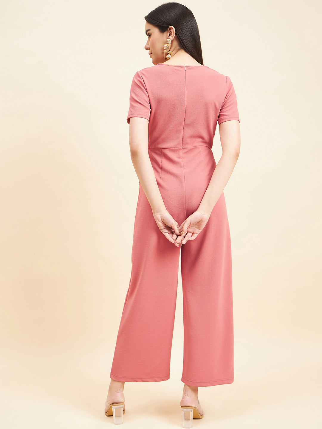 Gipsy Women Solid Front Buckel Polyester Dusky Pink Jumpsuit