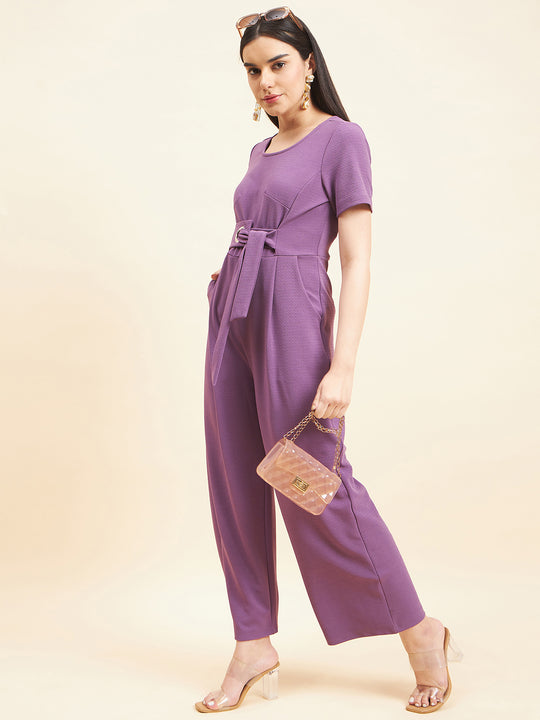Gipsy Women Solid Front Buckel Polyester Lavender Jumpsuit