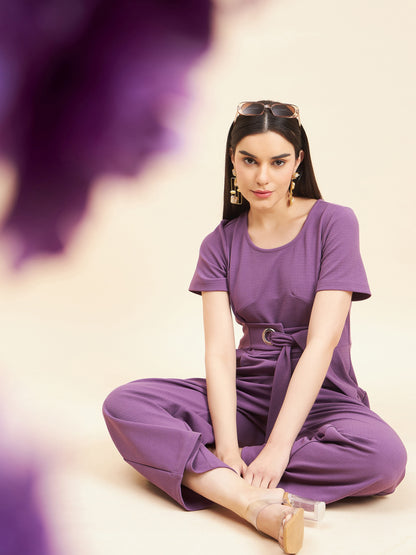 Gipsy Women Solid Front Buckel Polyester Lavender Jumpsuit