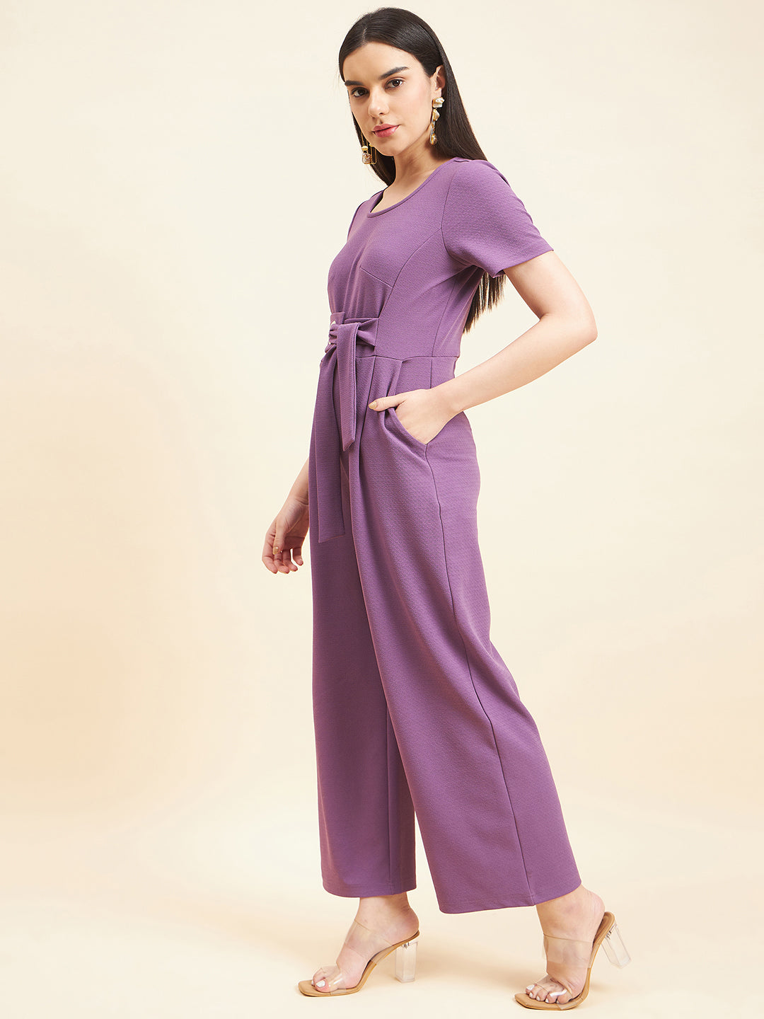 Gipsy Women Solid Front Buckel Polyester Lavender Jumpsuit