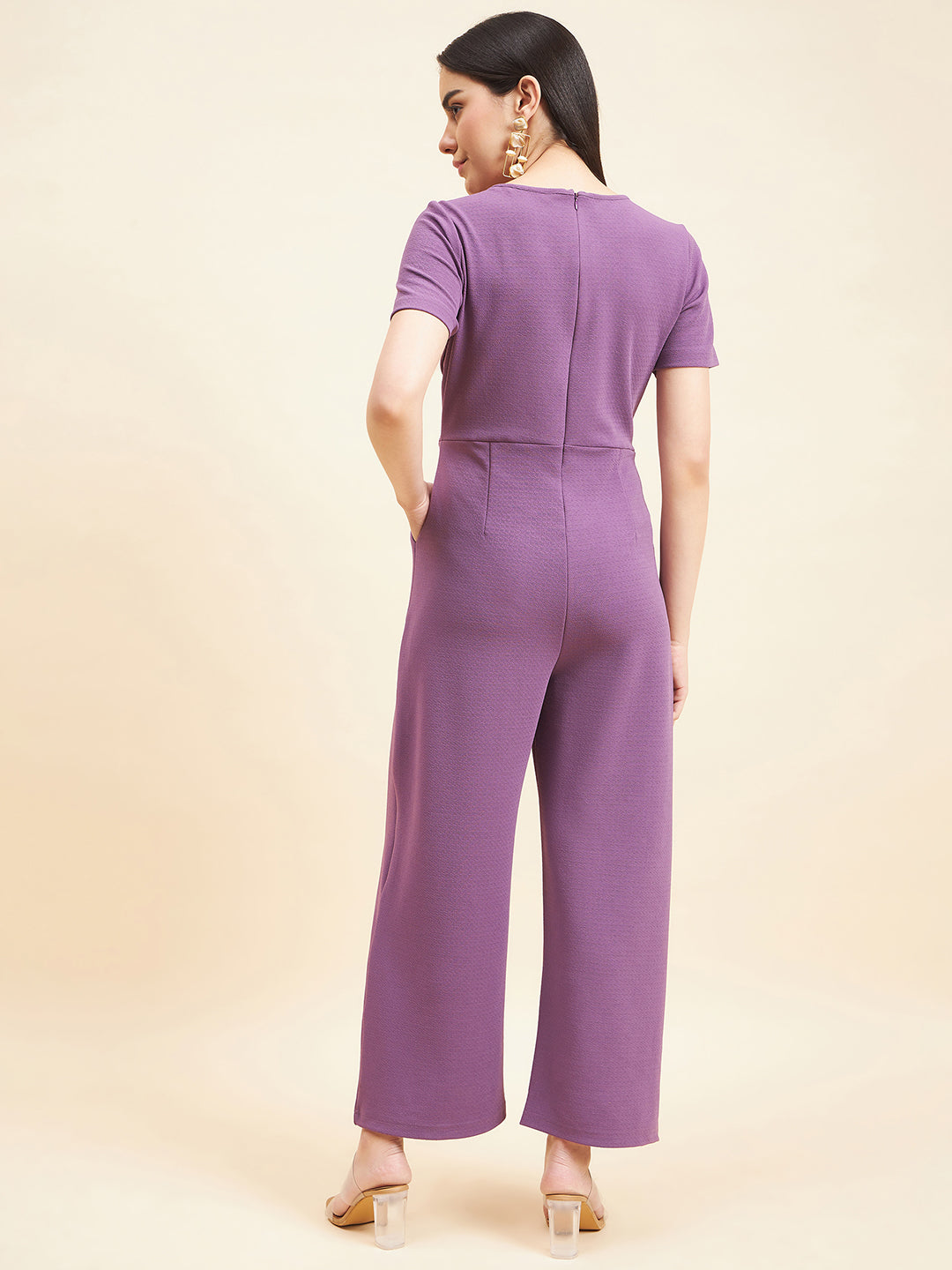Gipsy Women Solid Front Buckel Polyester Lavender Jumpsuit