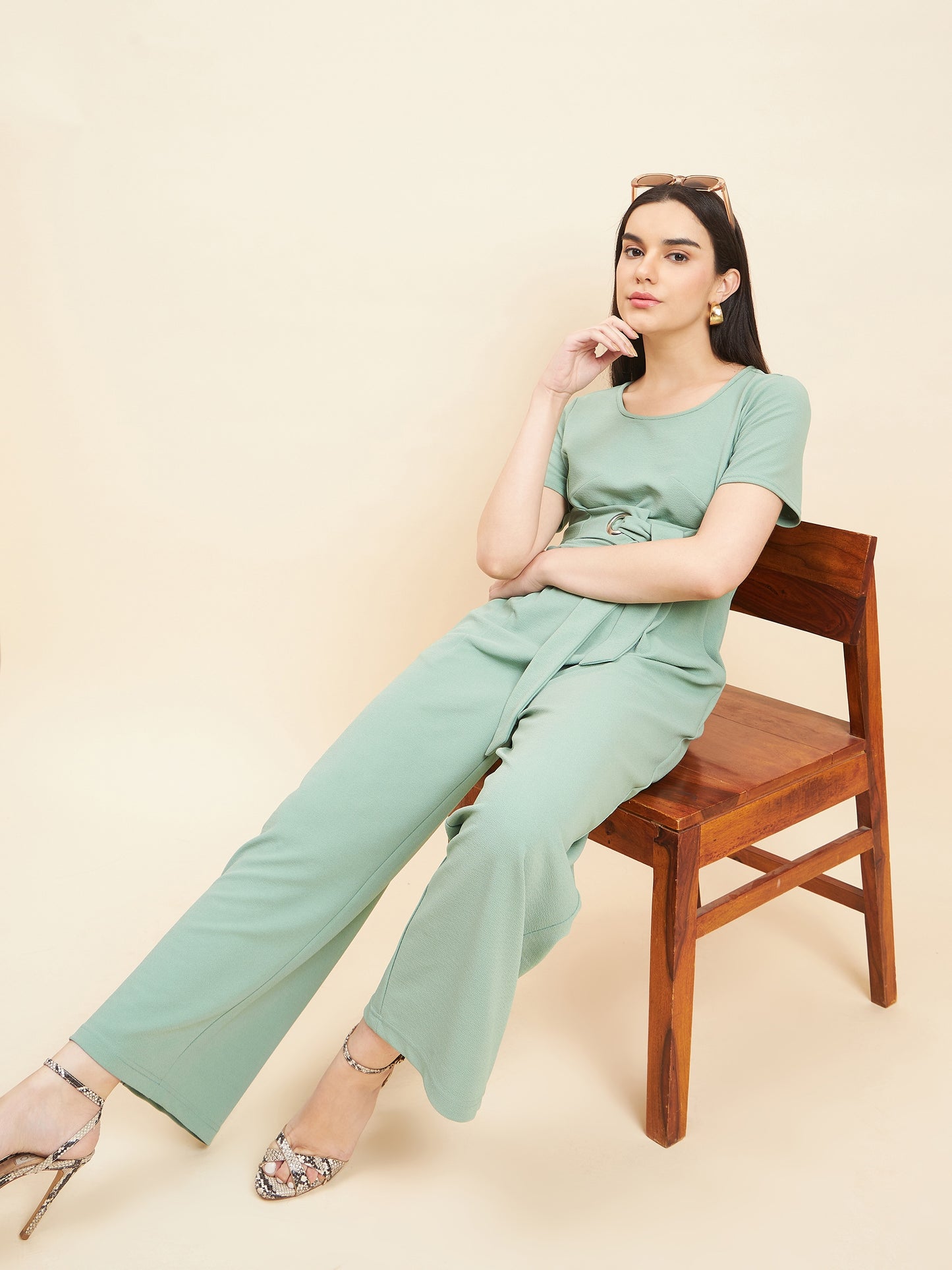Gipsy Women Solid Front Buckel Polyester Sage Jumpsuit