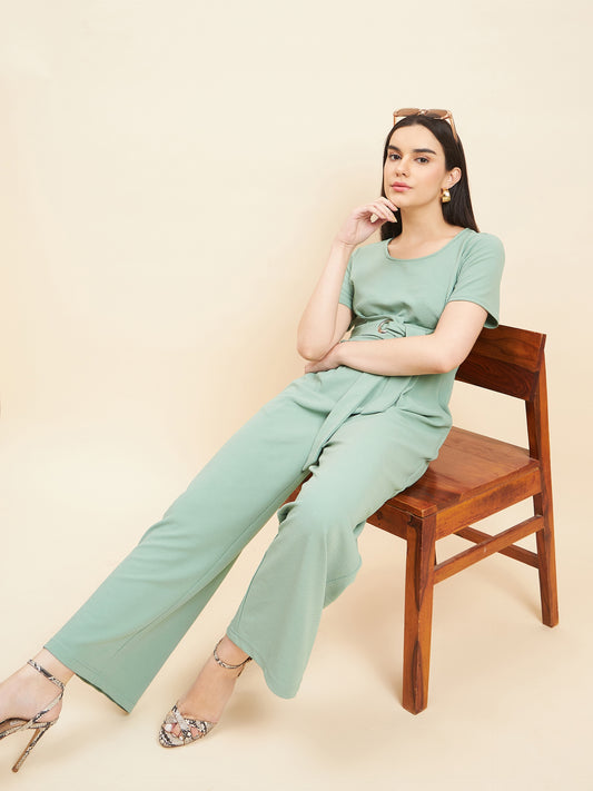 Gipsy Women Solid Front Buckel Polyester Sage Jumpsuit