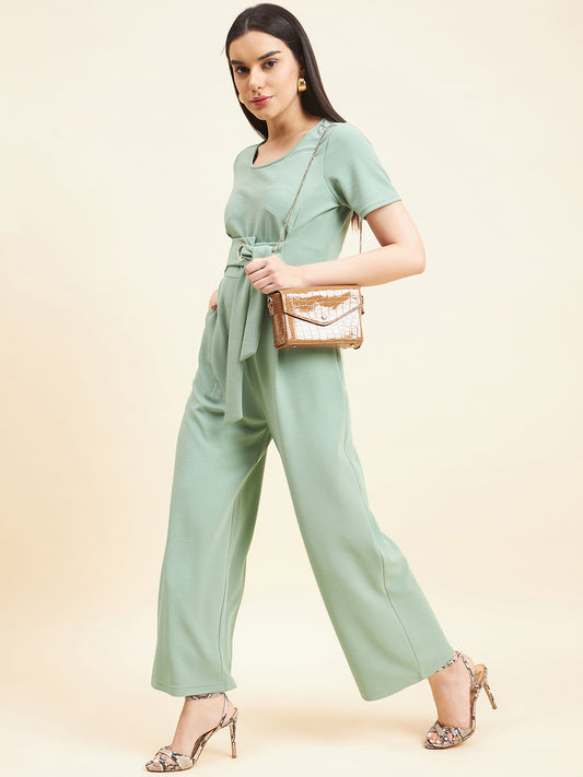 Gipsy Women Solid Front Buckel Polyester Sage Jumpsuit