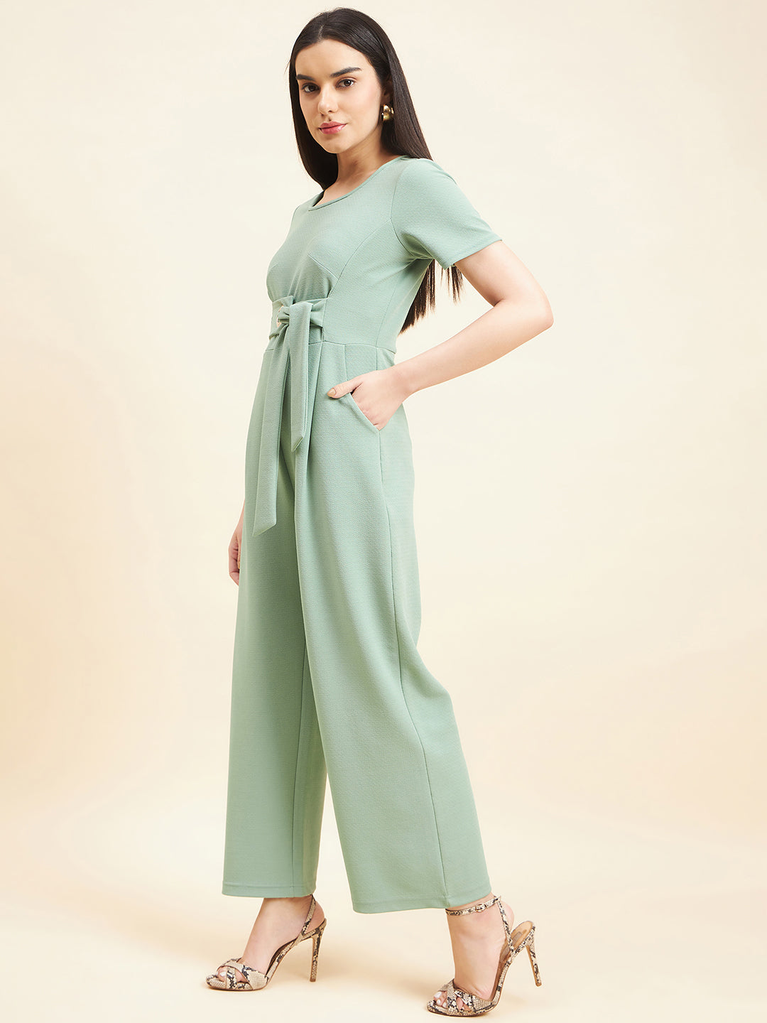 Gipsy Women Solid Front Buckel Polyester Sage Jumpsuit