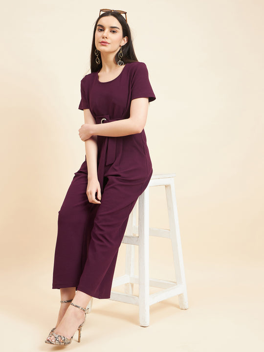 Gipsy Women Solid Front Buckel Polyester Wine Jumpsuit