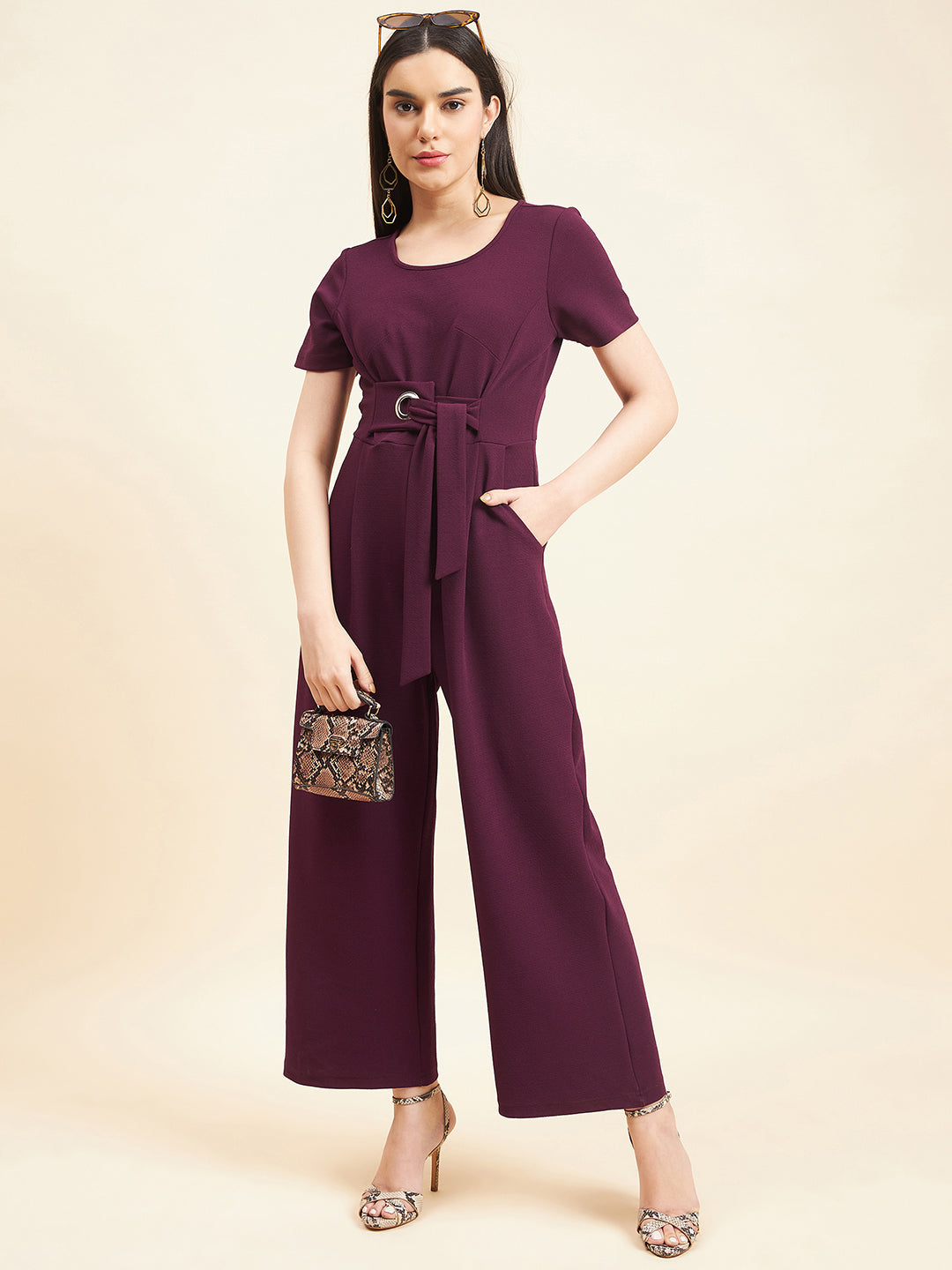 Gipsy Women Solid Front Buckel Polyester Wine Jumpsuit