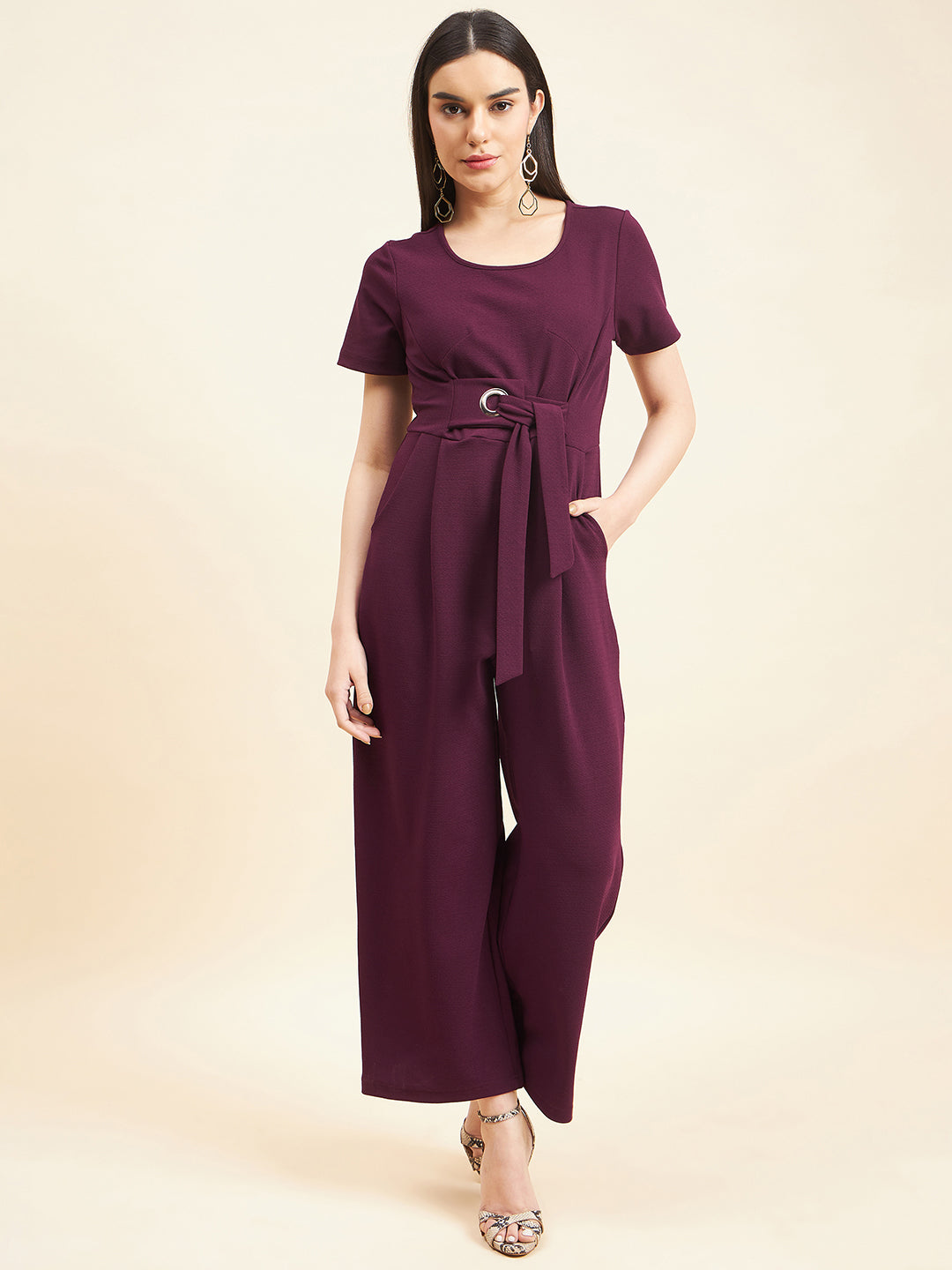 Gipsy Women Solid Front Buckel Polyester Wine Jumpsuit