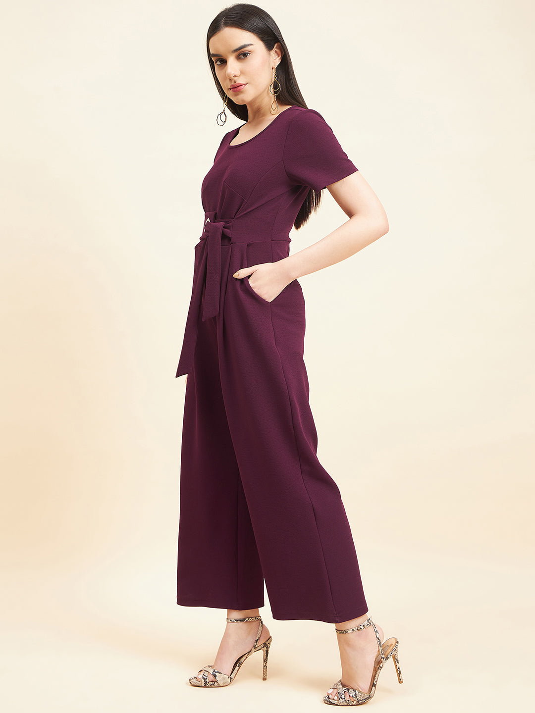 Gipsy Women Solid Front Buckel Polyester Wine Jumpsuit