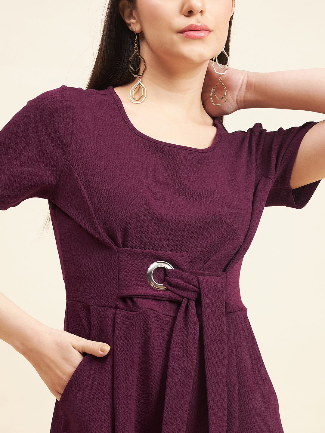 Gipsy Women Solid Front Buckel Polyester Wine Jumpsuit