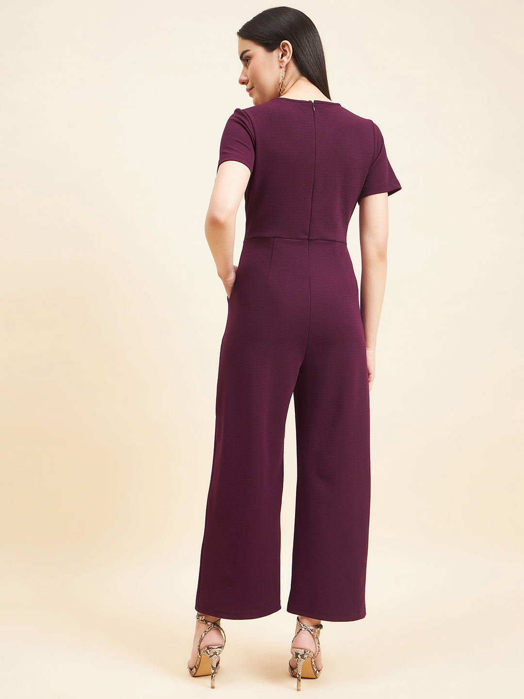 Gipsy Women Solid Front Buckel Polyester Wine Jumpsuit