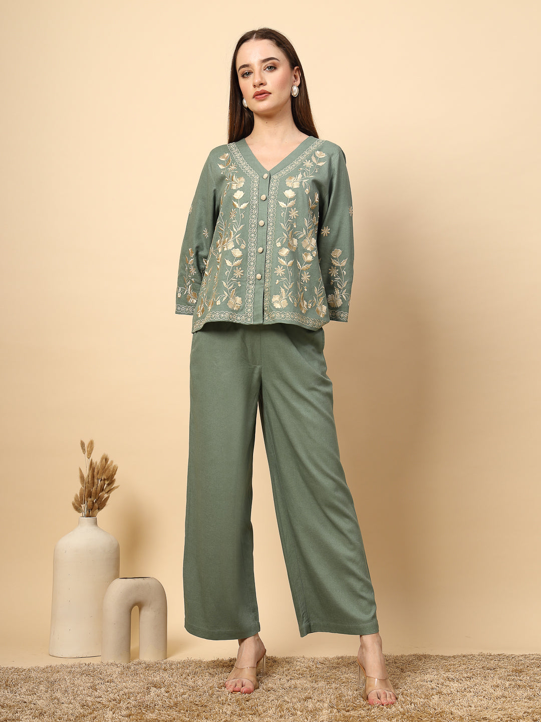 Pista Green Linen Rich Co-Ord Set with Embroidery and Croatia Buttons