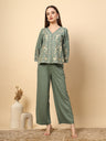 Pista Green Linen Rich Co-Ord Set with Embroidery and Croatia Buttons