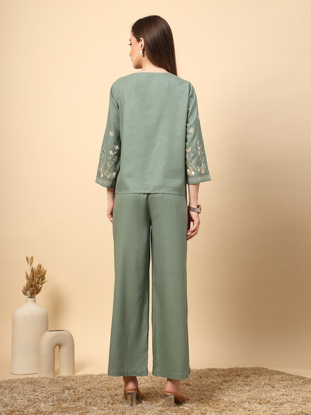 Pista Green Linen Rich Co-Ord Set with Embroidery and Croatia Buttons