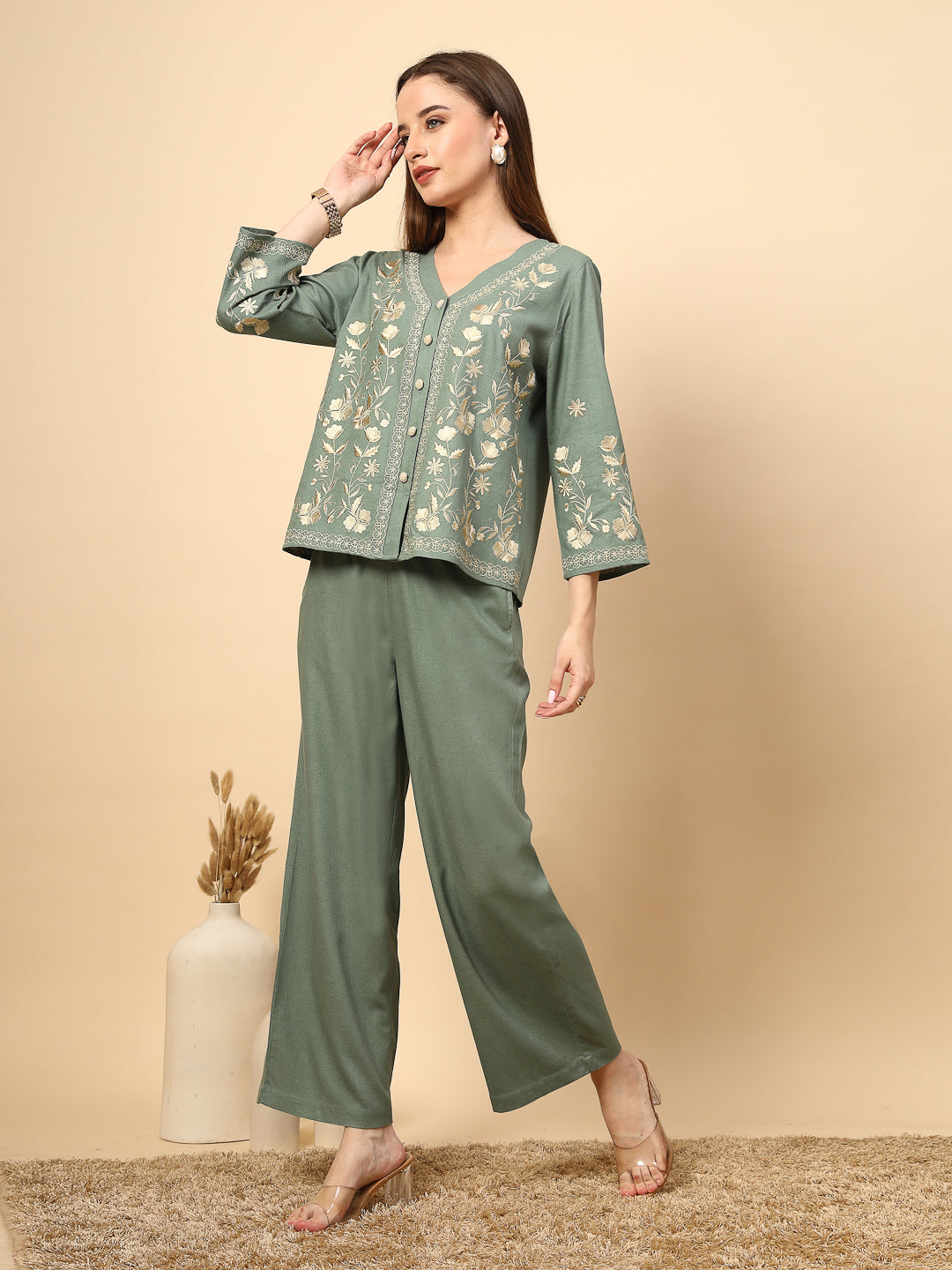 Pista Green Linen Rich Co-Ord Set with Embroidery and Croatia Buttons