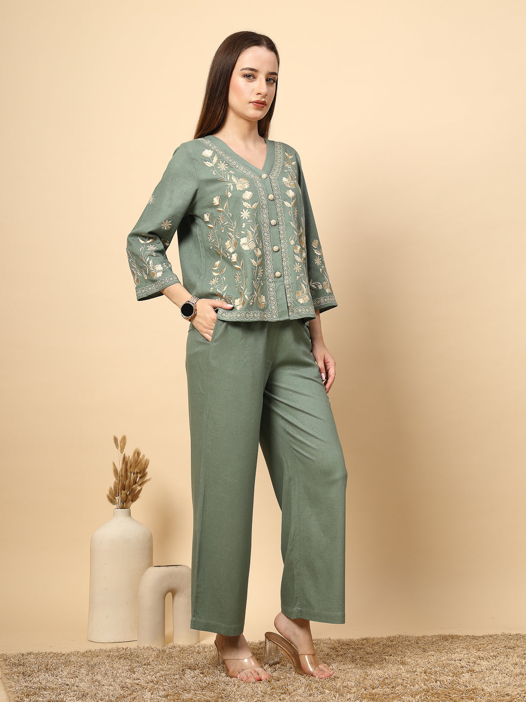 Pista Green Linen Rich Co-Ord Set with Embroidery and Croatia Buttons