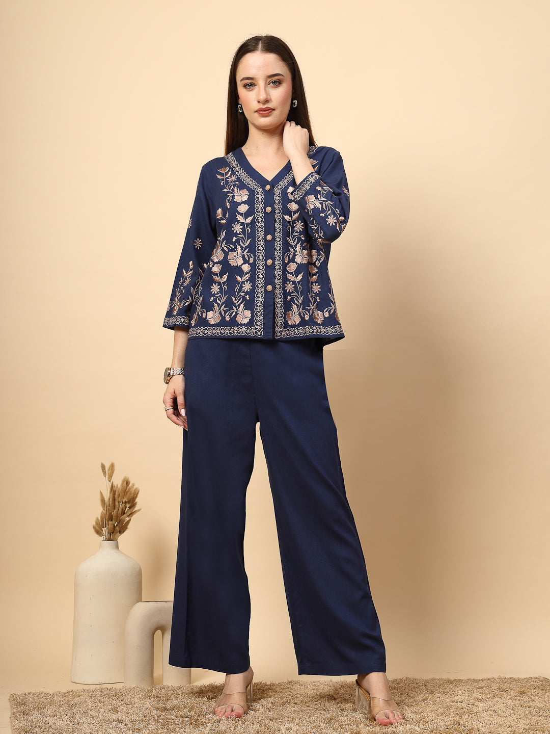 Royal Blue Linen Rich Co-Ord Set with Embroidery and Croatia Buttons