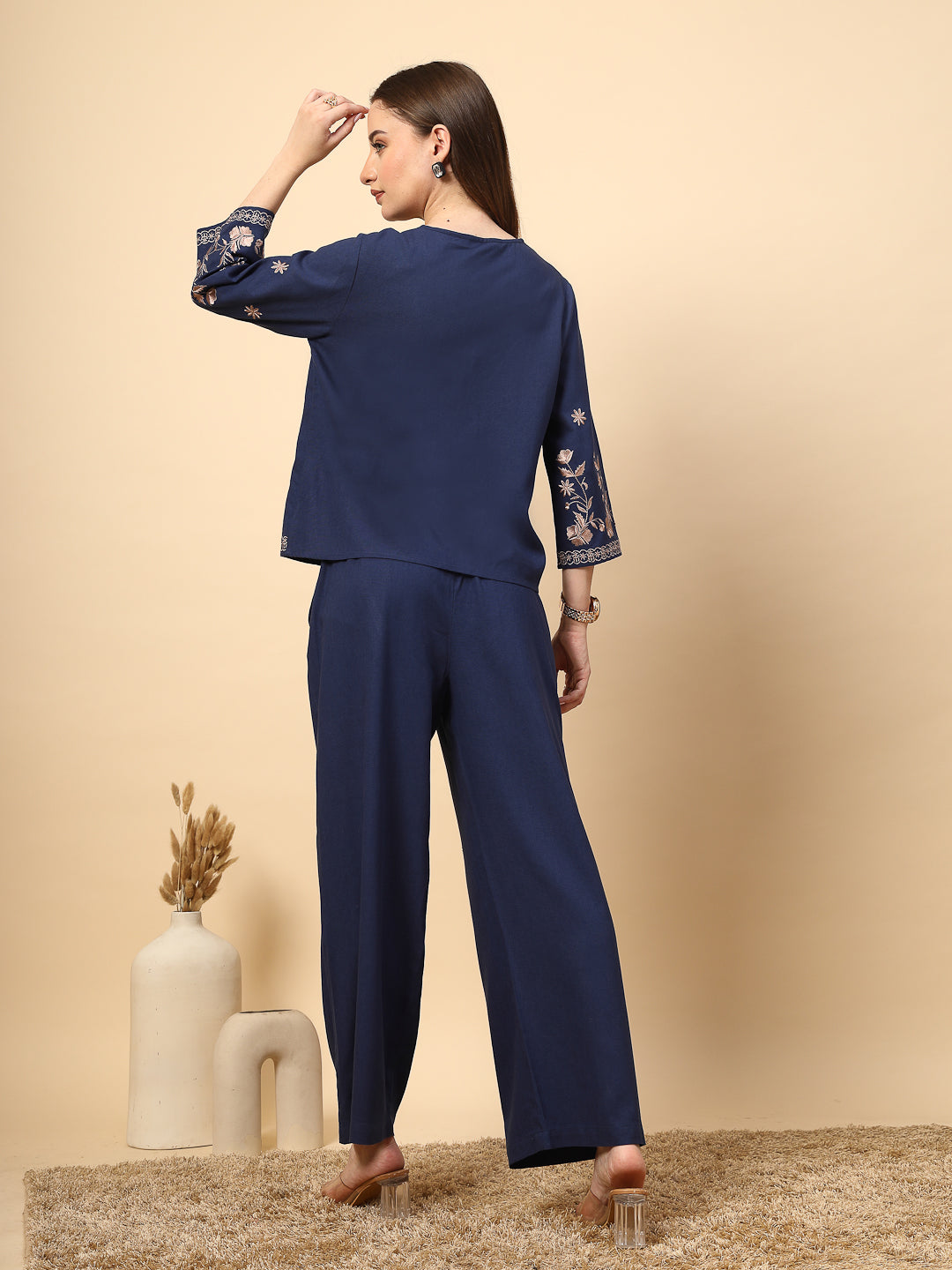 Royal Blue Linen Rich Co-Ord Set with Embroidery and Croatia Buttons