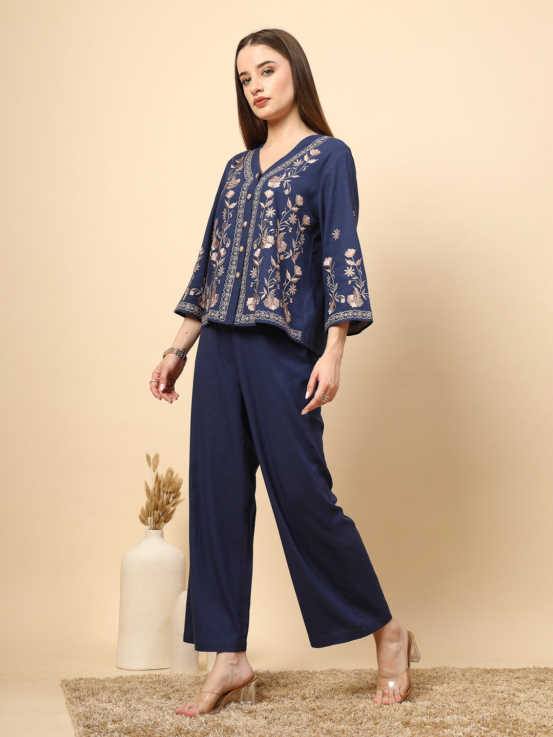 Royal Blue Linen Rich Co-Ord Set with Embroidery and Croatia Buttons