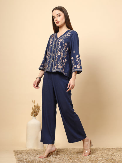 Royal Blue Linen Rich Co-Ord Set with Embroidery and Croatia Buttons