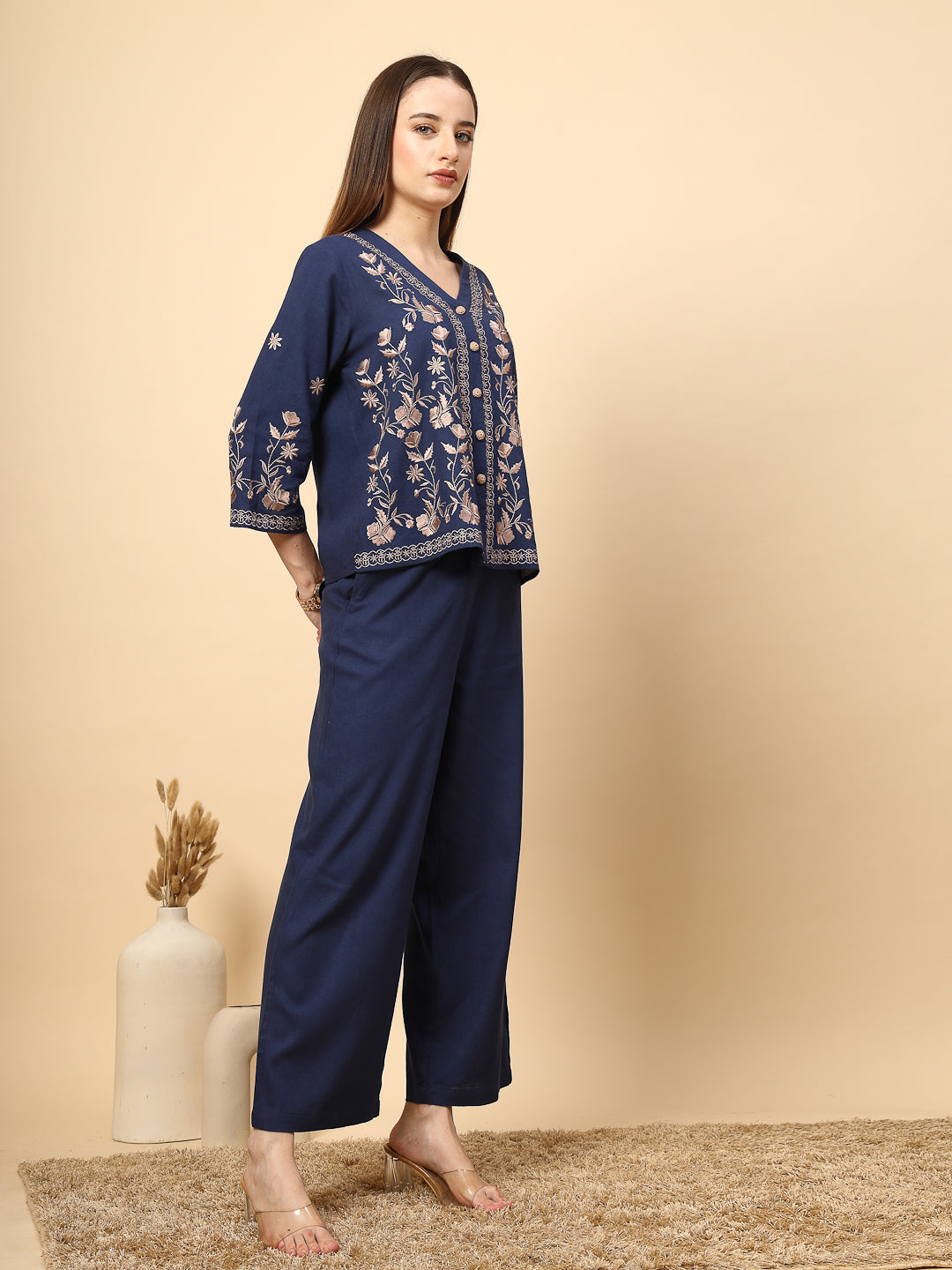 Royal Blue Linen Rich Co-Ord Set with Embroidery and Croatia Buttons