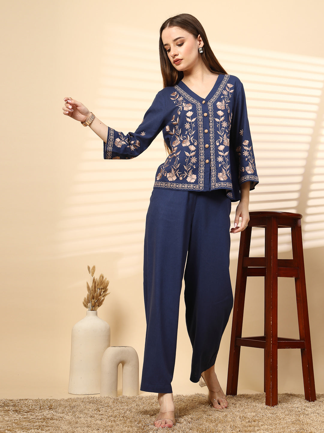 Royal Blue Linen Rich Co-Ord Set with Embroidery and Croatia Buttons