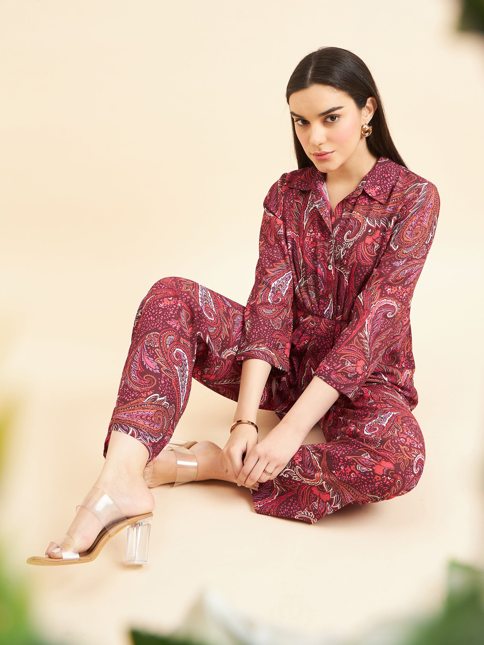 Gipsy Women Printed Button  Georgette Maroon Co-Ord Set