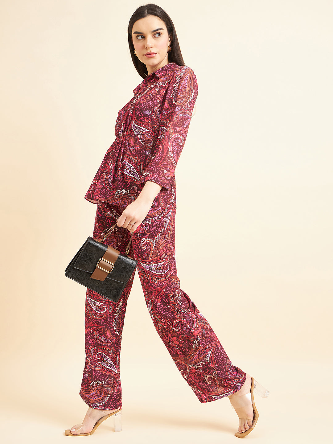 Gipsy Women Printed Button  Georgette Maroon Co-Ord Set