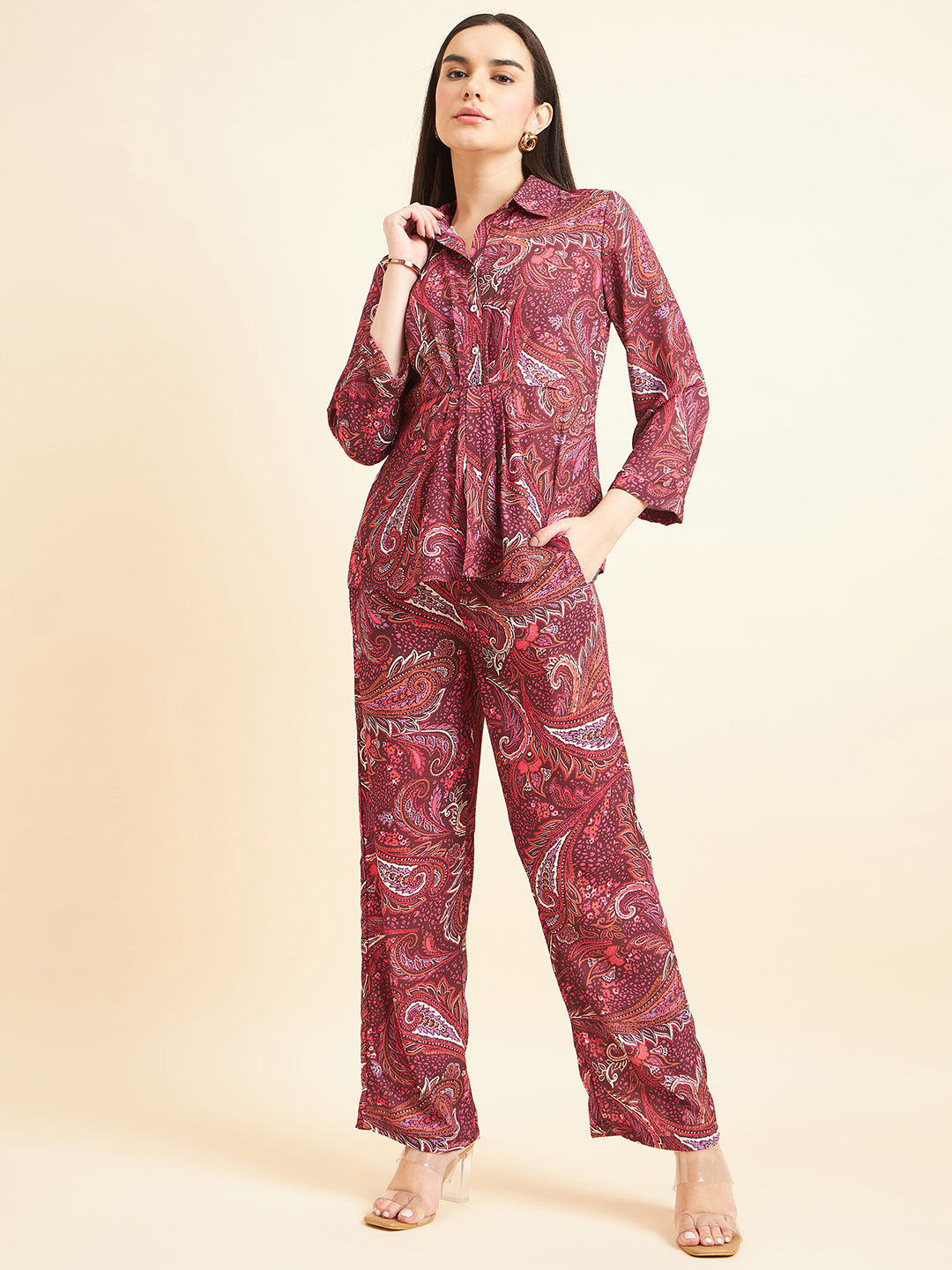 Gipsy Women Printed Button  Georgette Maroon Co-Ord Set